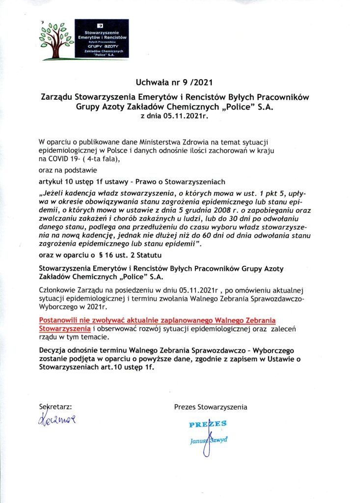 Komunikat – Uchwała Zarządu nr 9/2021